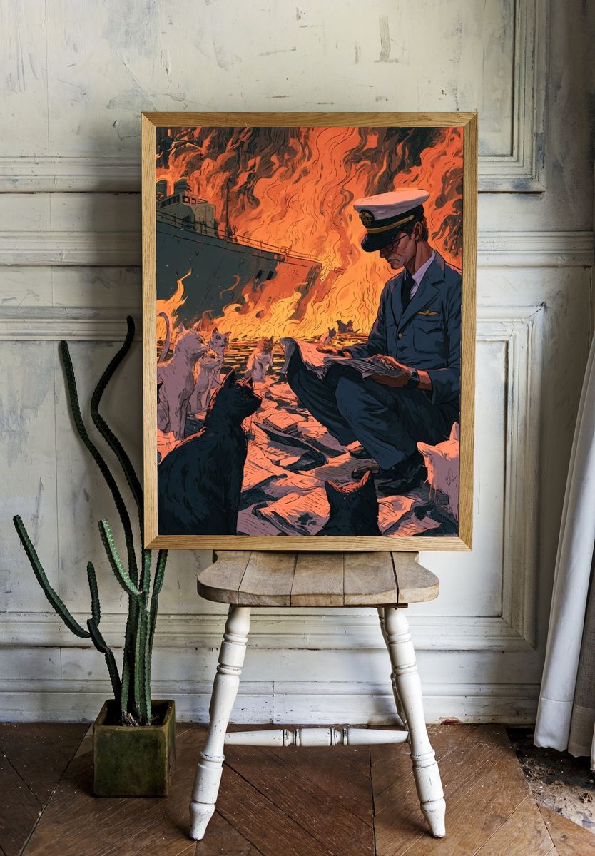 Cat Rescue Fire Scene Illustration Poster. — room view 1