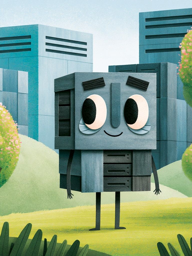 Cute Robot Cityscape Illustration Print. poster — illustration art