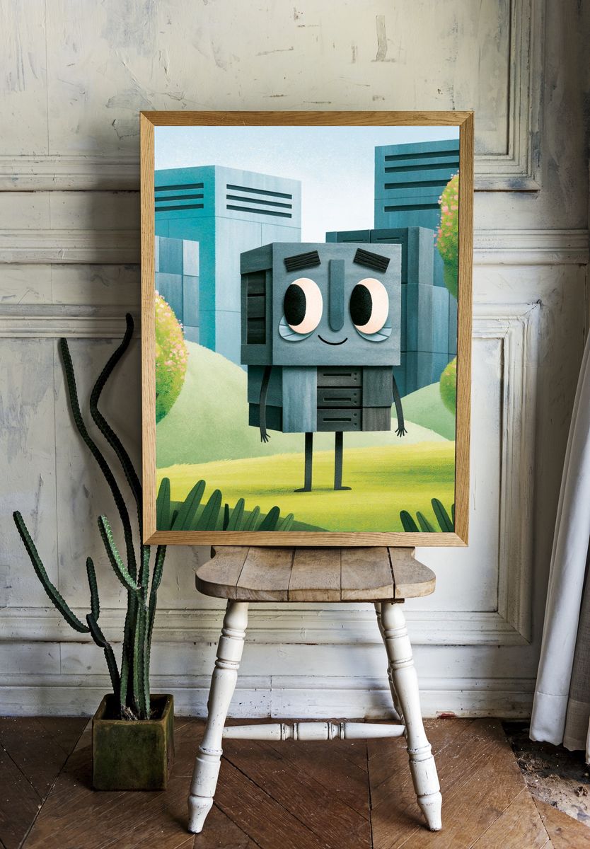 Cute Robot Cityscape Illustration Print. room preview