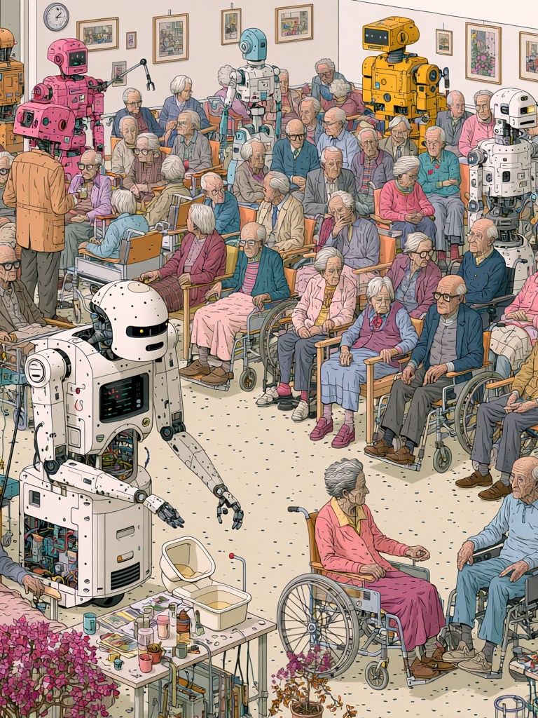 Robots and Seniors Illustration Poster. poster — illustration art