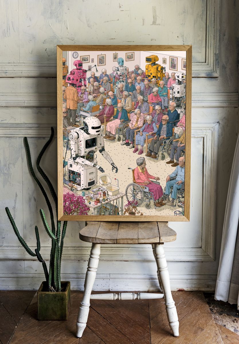 Robots and Seniors Illustration Poster. — room view 1