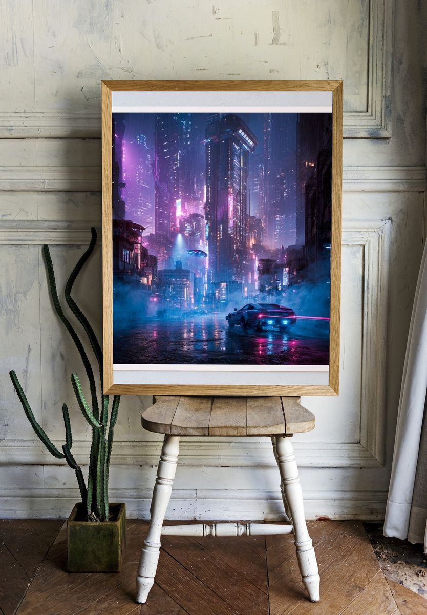 Neon Cyberpunk Cityscape Print. — room view 1