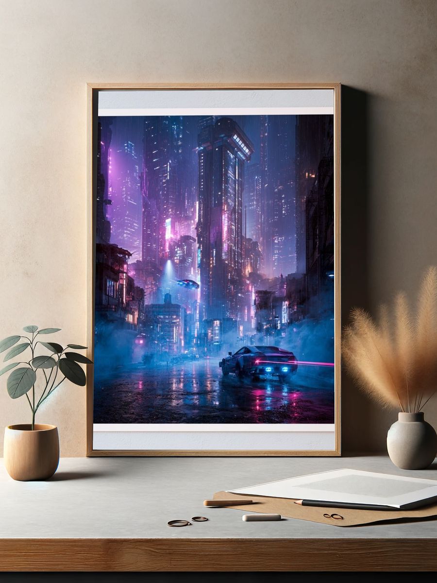Neon Cyberpunk Cityscape Print. — room view 2