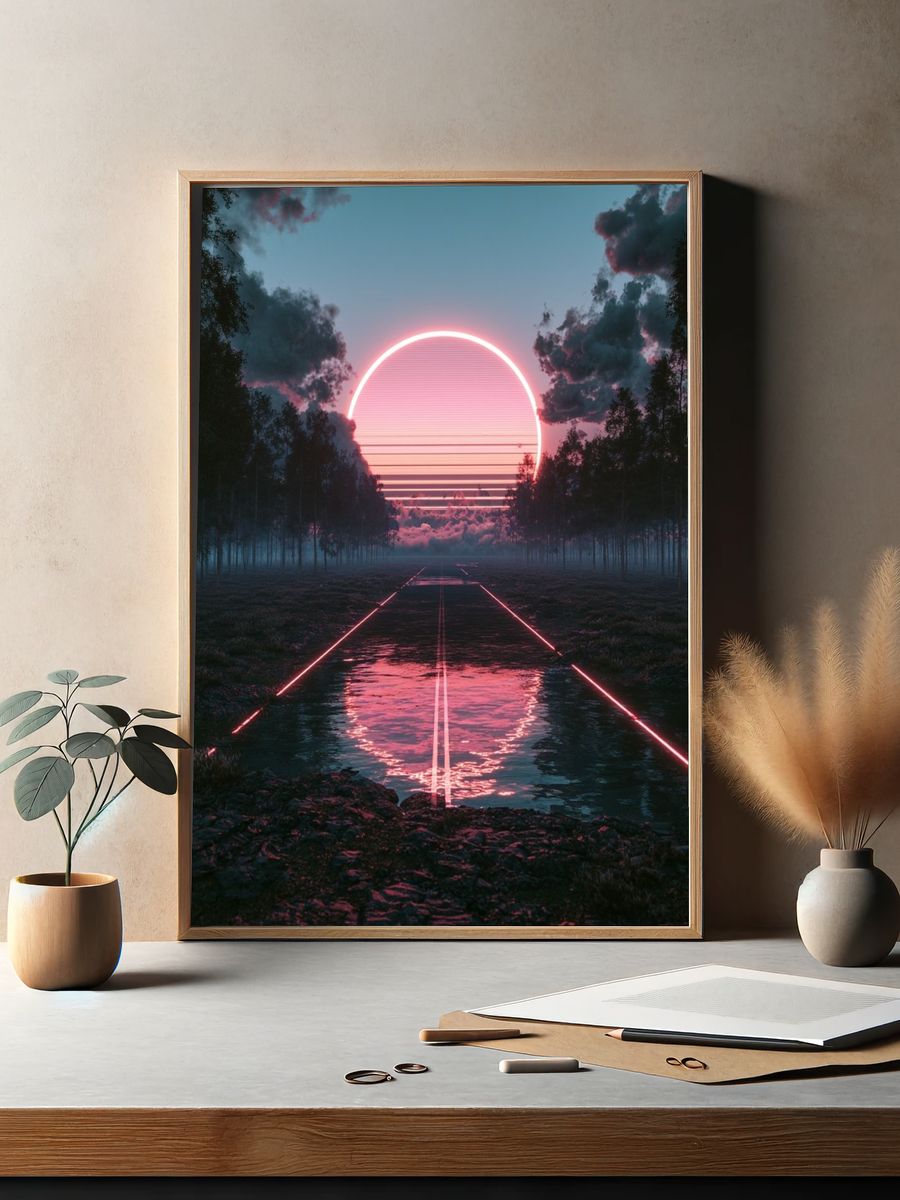 Neon Sunset Forest Road Print. — room view 2