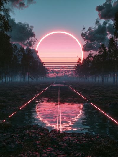 Neon Sunset Forest Road Print. poster