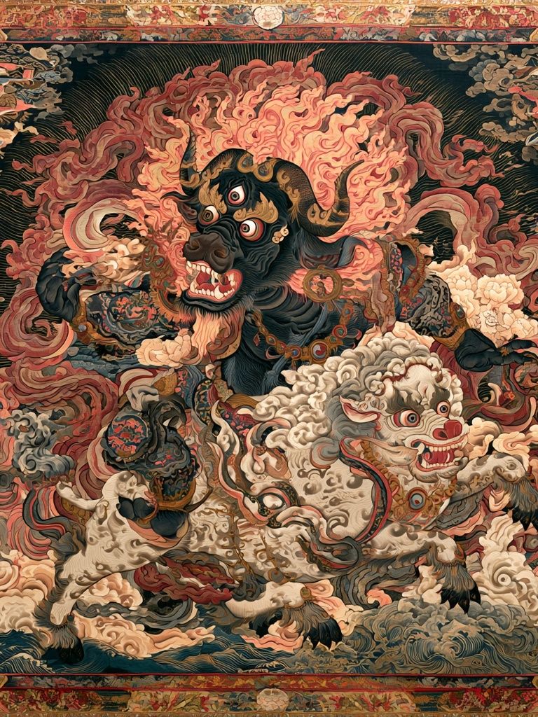 Mythic Bull and Lion Dance Print. poster detail
