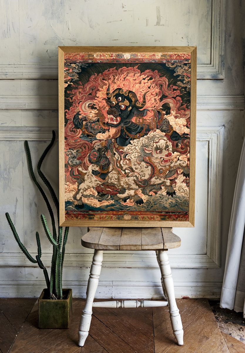 Mythic Bull and Lion Dance Print. room preview