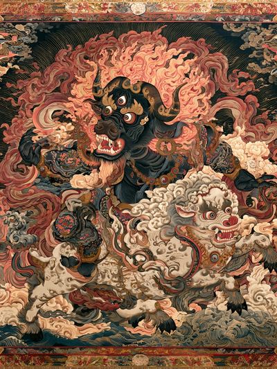 Mythic Bull and Lion Dance Print.