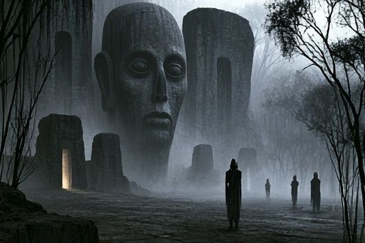 Misty Monolith Faces Surrealism Poster. poster — illustration art