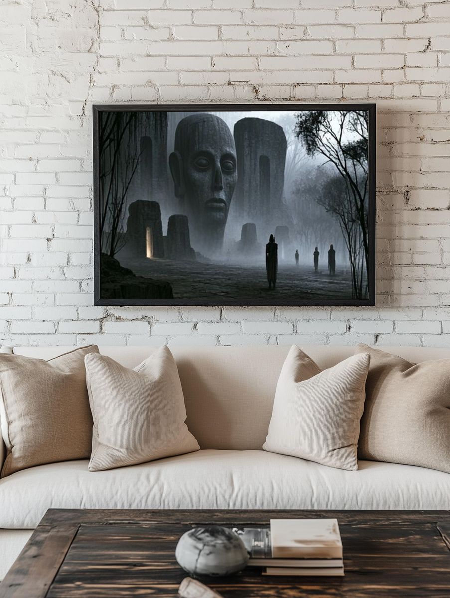 Misty Monolith Faces Surrealism Poster. — room view 1