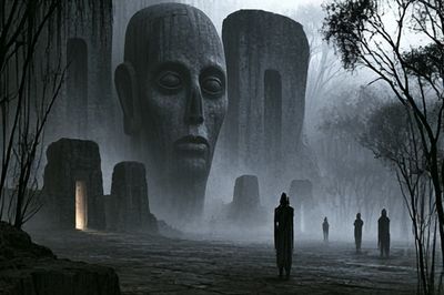 Misty Monolith Faces Surrealism Poster. poster