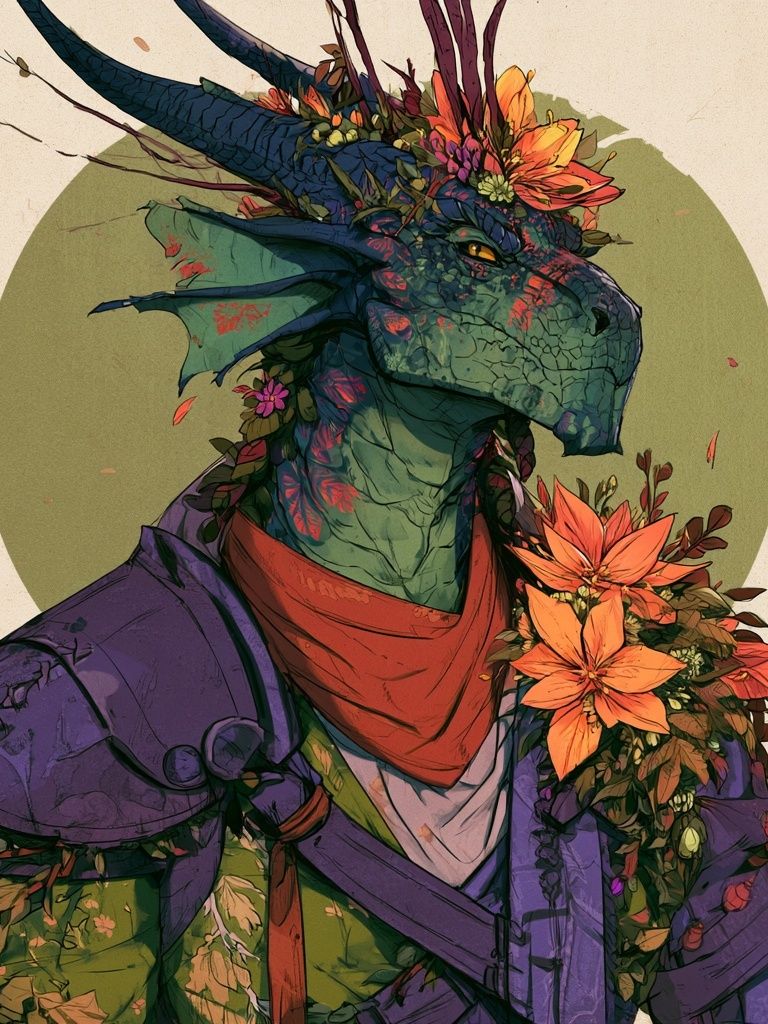 Floral Dragon Portrait Print. poster — illustration art
