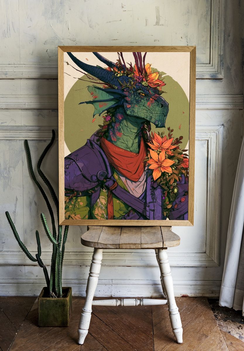 Floral Dragon Portrait Print. — room view 1