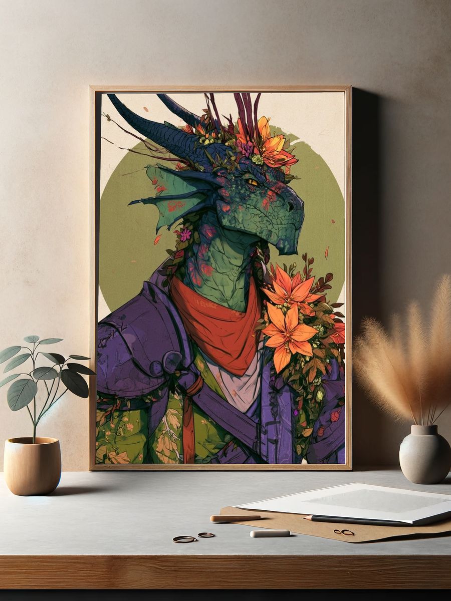 Floral Dragon Portrait Print. — room view 2