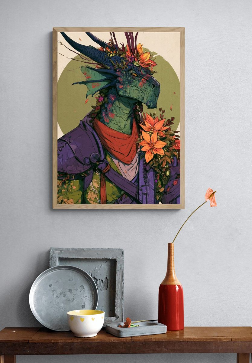 Floral Dragon Portrait Print. — room view 3