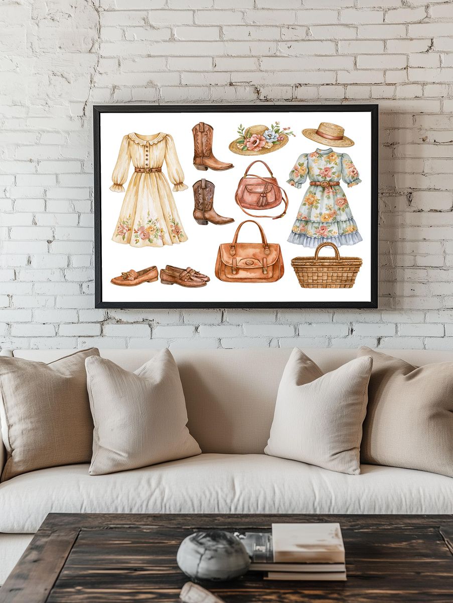 Vintage Cottagecore Fashion Watercolor Print. room preview