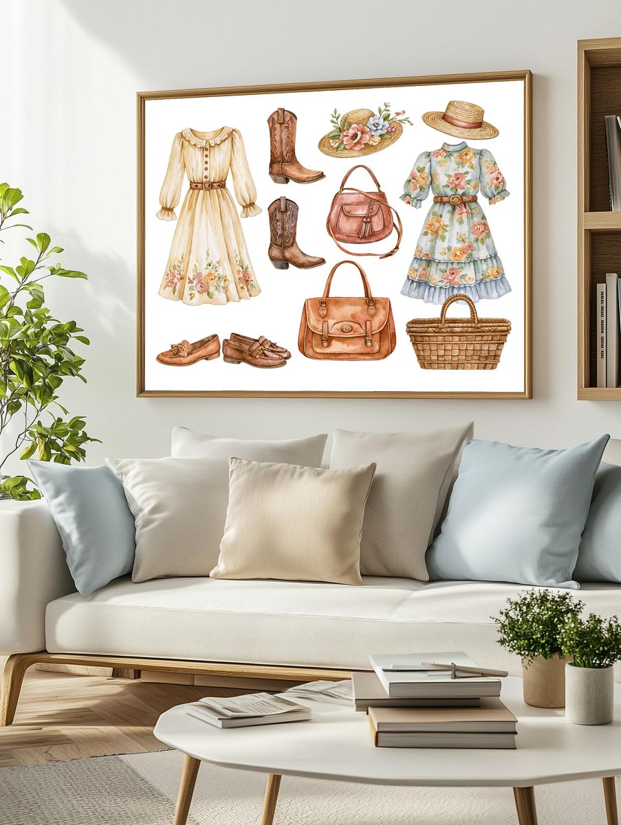 Vintage Cottagecore Fashion Watercolor Print. — room view 2