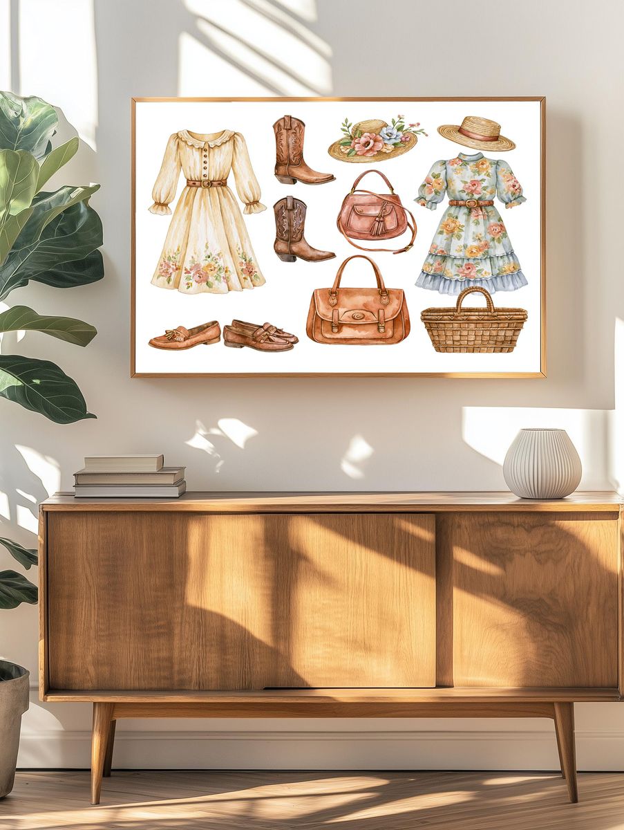 Vintage Cottagecore Fashion Watercolor Print. — room view 3