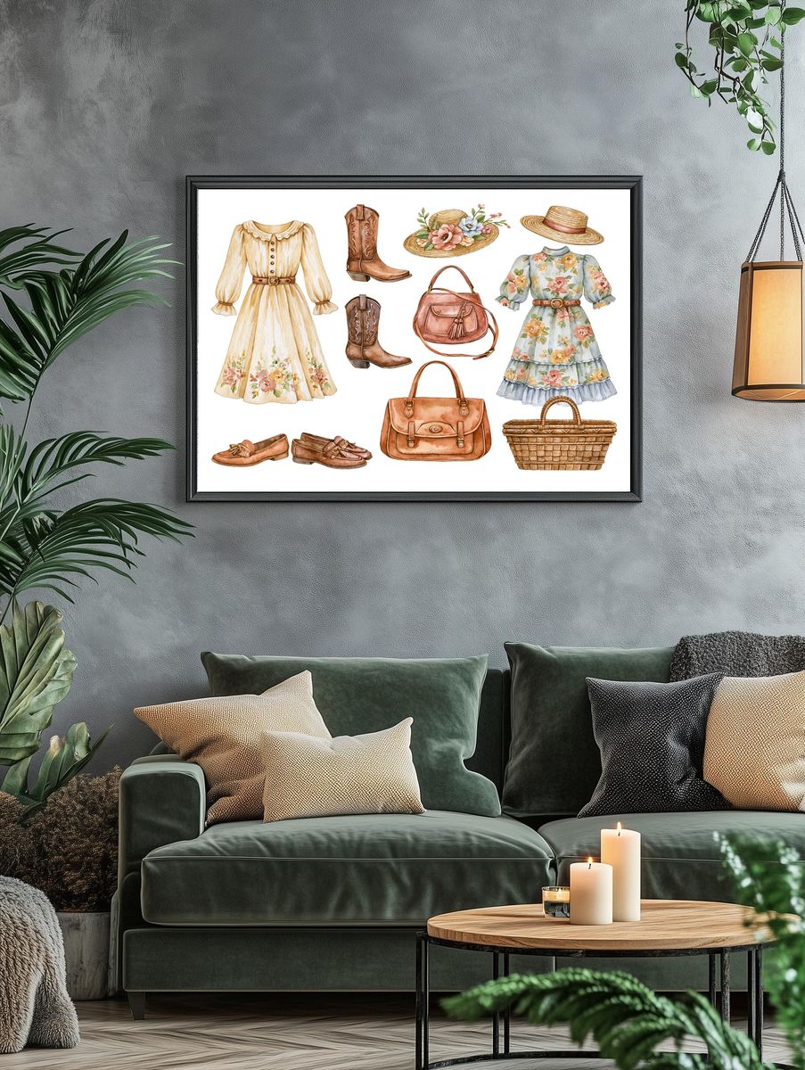 Vintage Cottagecore Fashion Watercolor Print. — room view 4