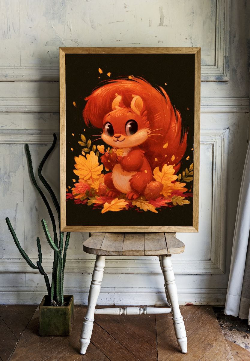 Autumn Squirrel Illustration Poster. — room view 1
