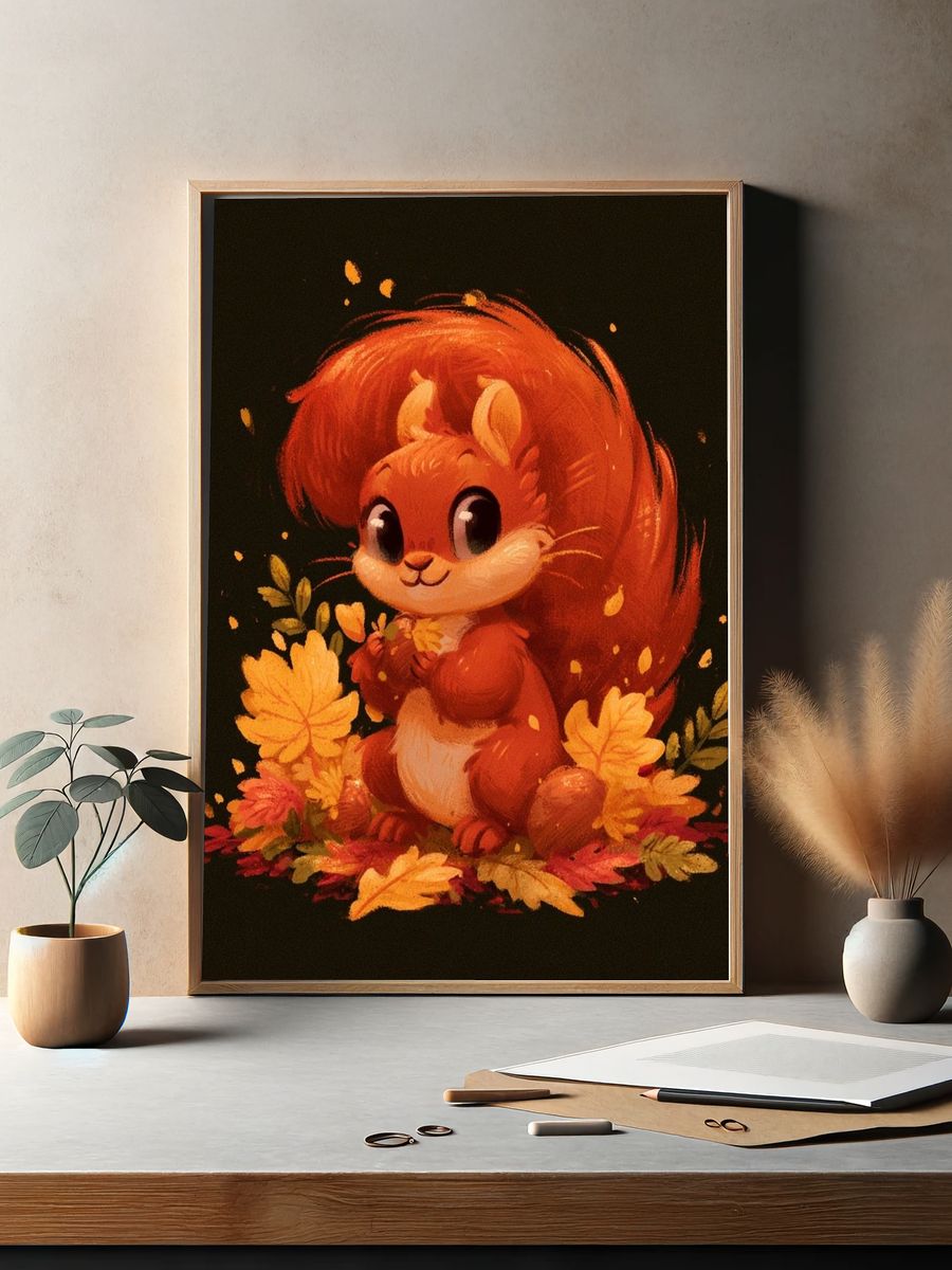 Autumn Squirrel Illustration Poster. — room view 2
