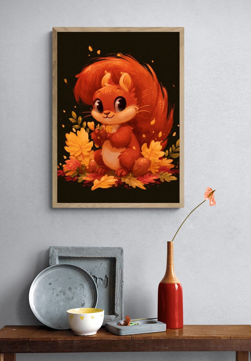 Autumn Squirrel Illustration Poster. — room view 3