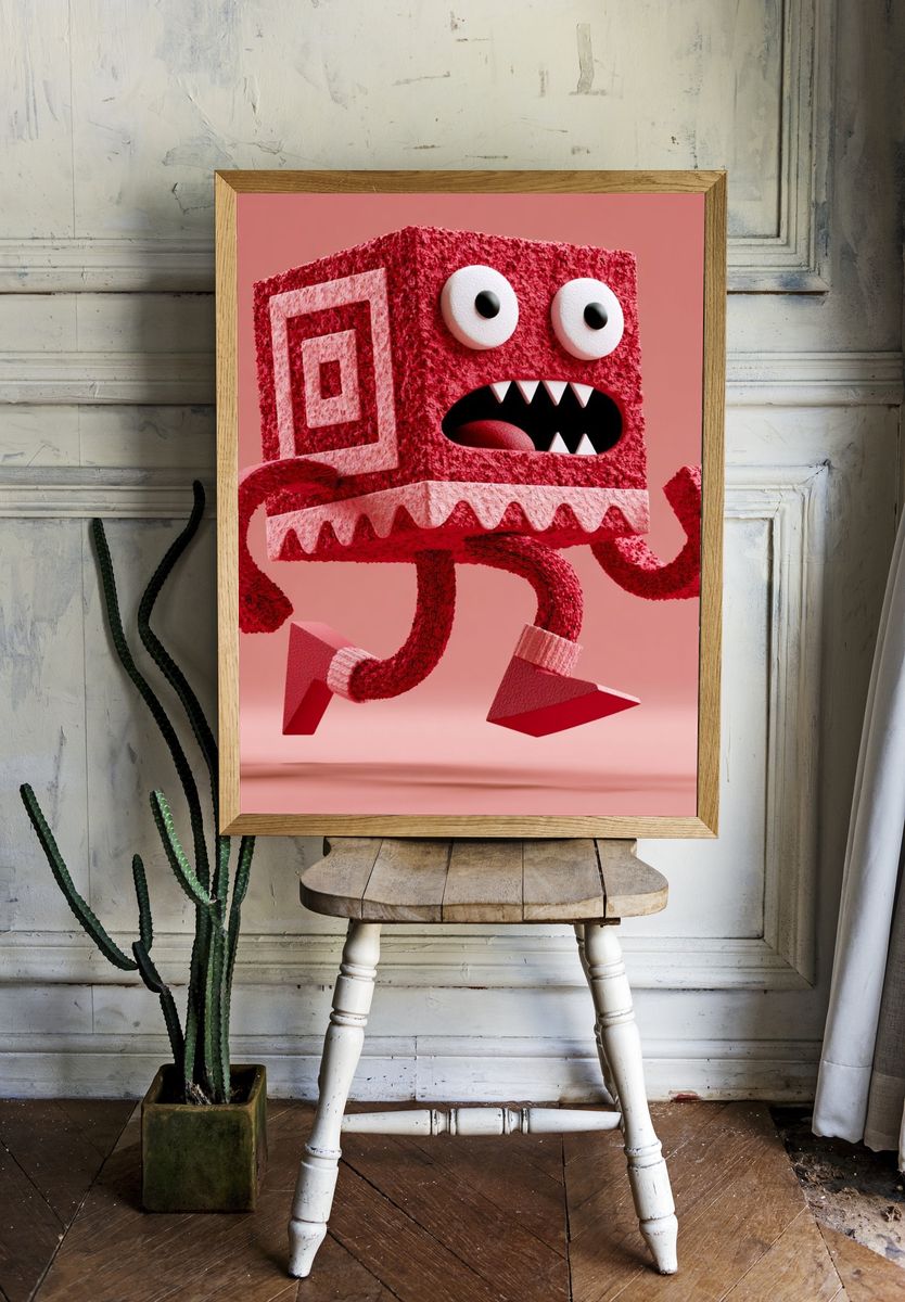 Playful Red Monster Illustration Poster. room preview