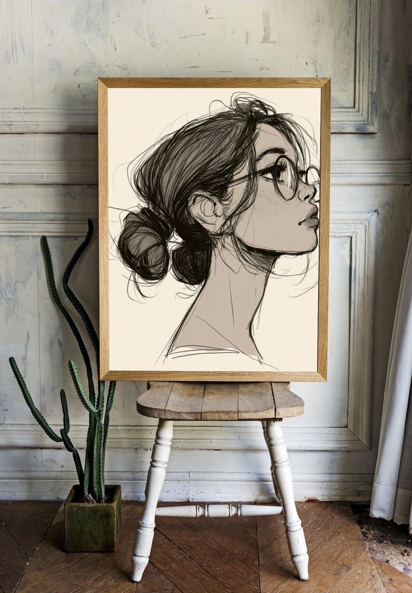 Woman Profile Sketch Print. — room view 1