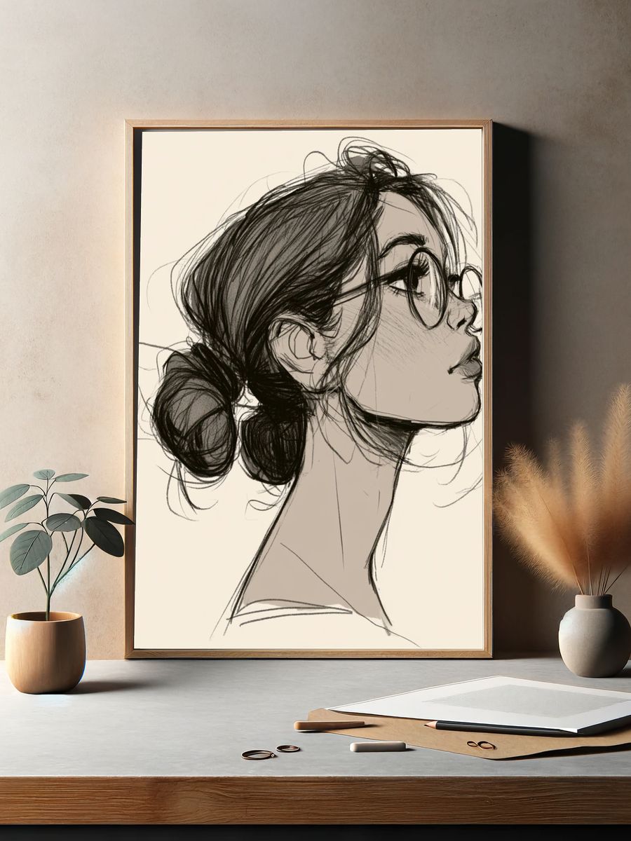 Woman Profile Sketch Print. — room view 2