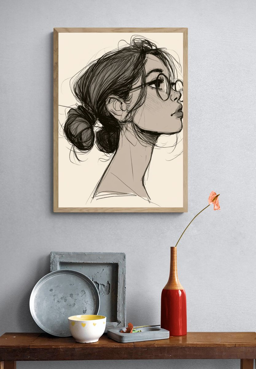 Woman Profile Sketch Print. — room view 3