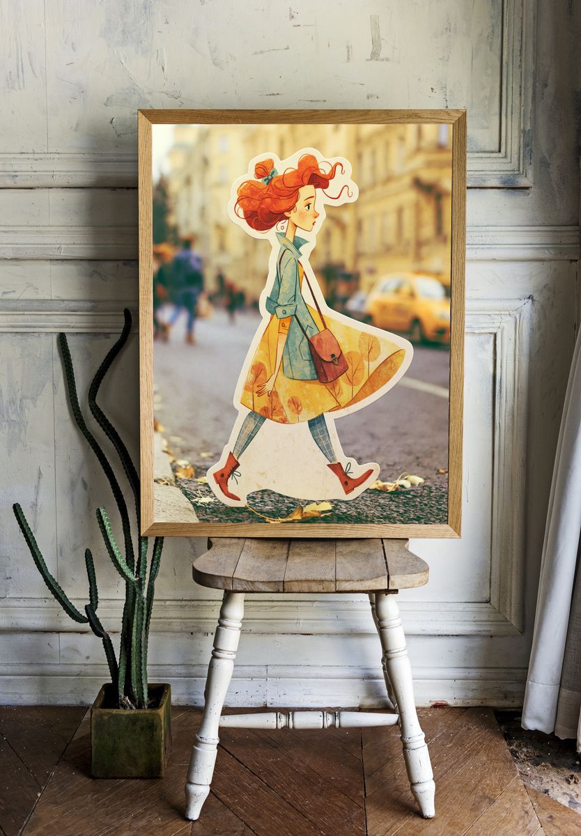 Autumn Girl Walk Illustration Poster. — room view 1