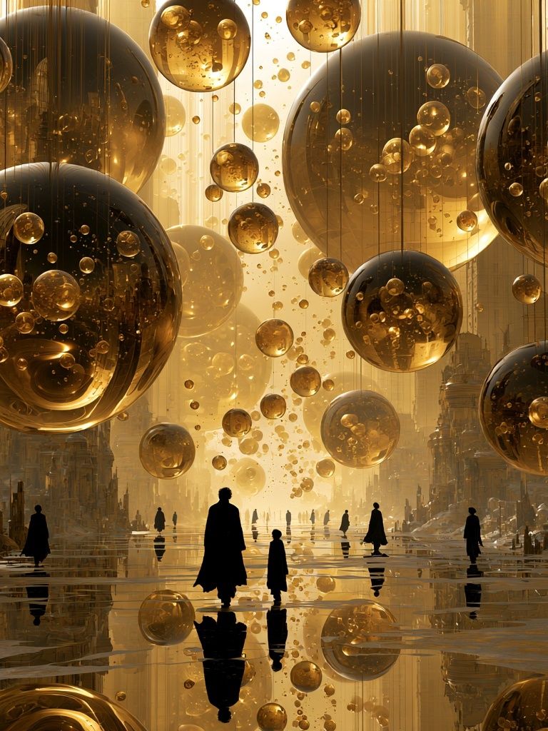 Golden Orb Cityscape Surrealism Print. poster — illustration art