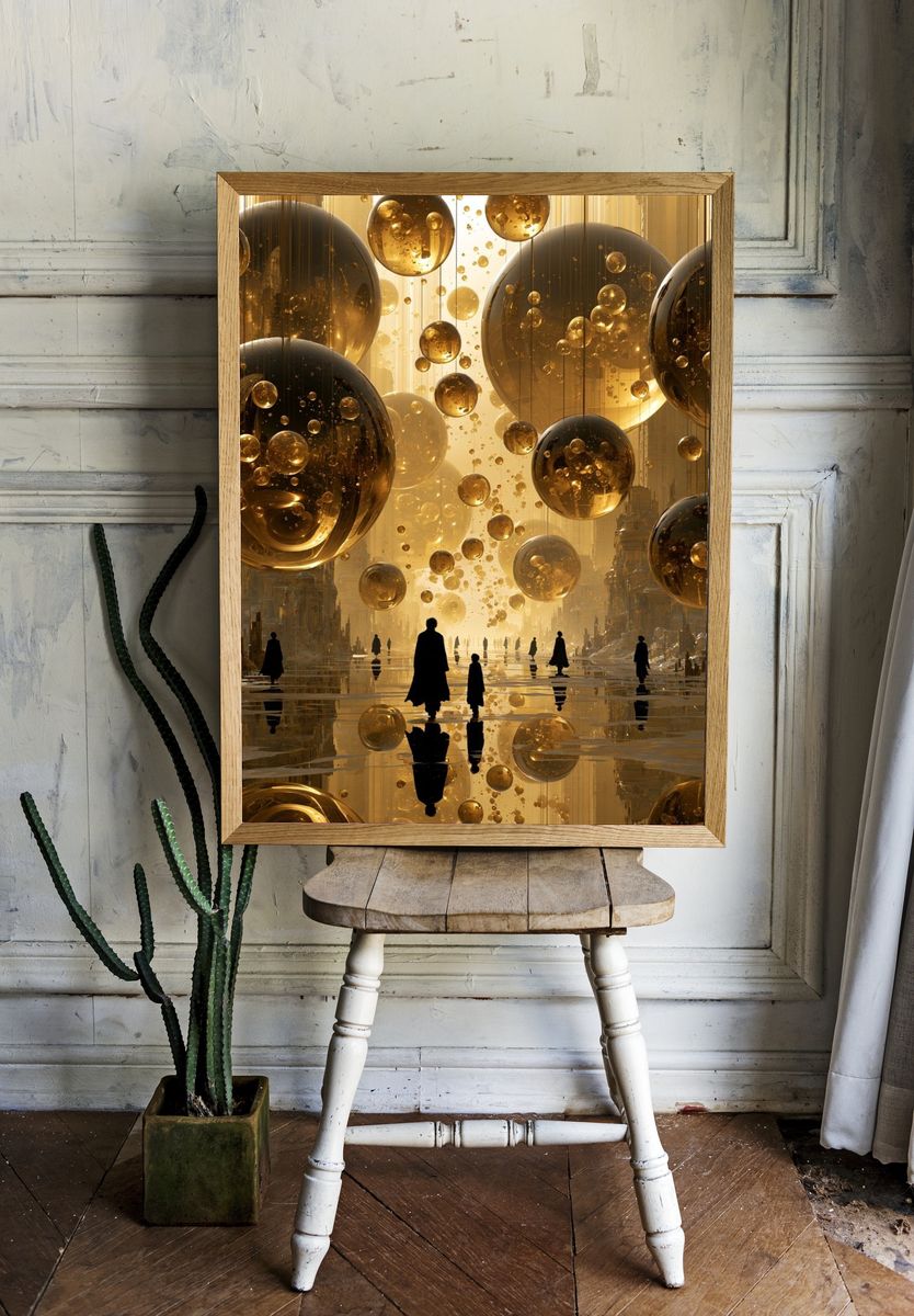 Golden Orb Cityscape Surrealism Print. room preview