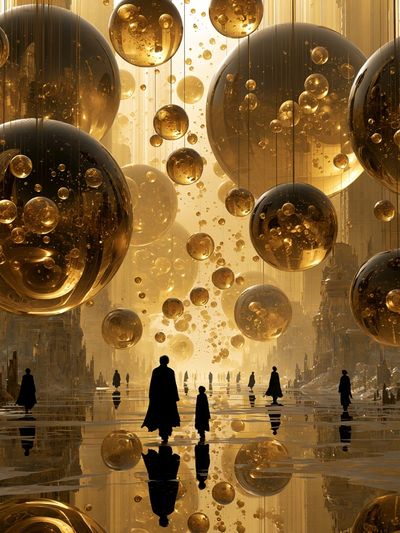 Golden Orb Cityscape Surrealism Print.