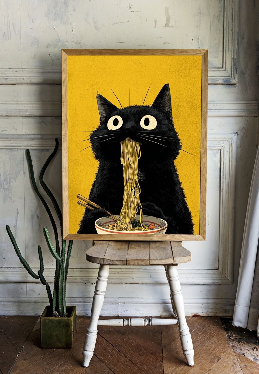 Black Cat Noodle Feast Illustration Poster. — room view 1