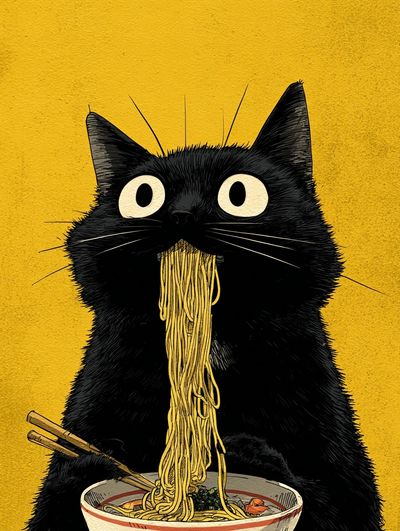 Black Cat Noodle Feast Illustration Poster. poster