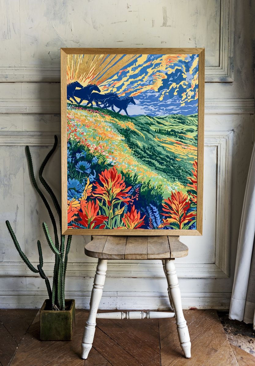 Wild Horses Meadow Illustration Poster. — room view 1