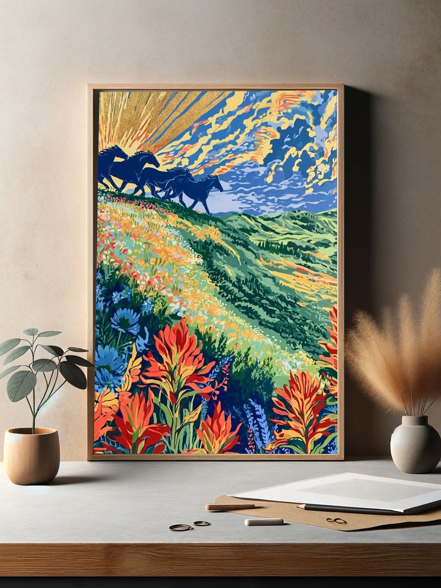 Wild Horses Meadow Illustration Poster. — room view 2