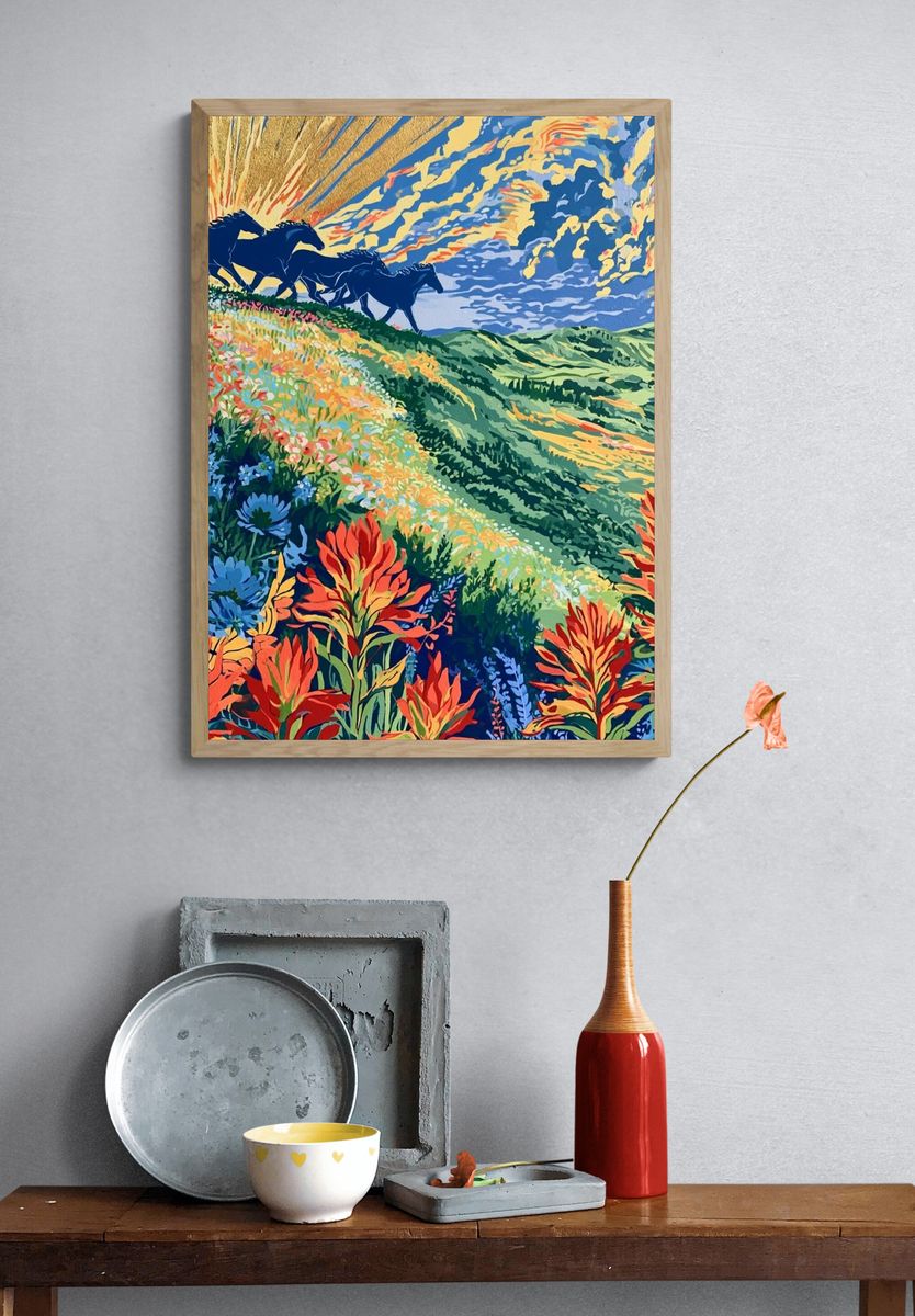 Wild Horses Meadow Illustration Poster. — room view 3