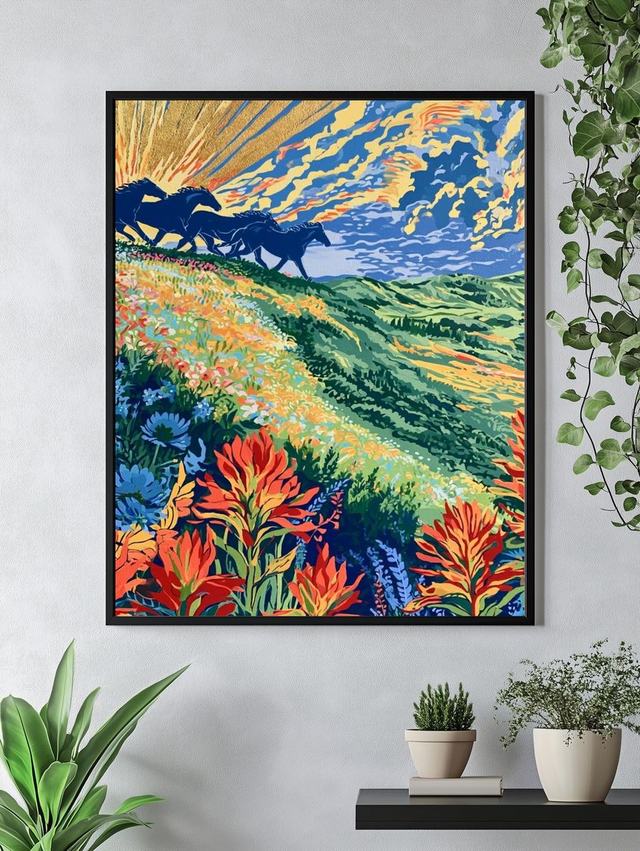 Wild Horses Meadow Illustration Poster. — room view 4