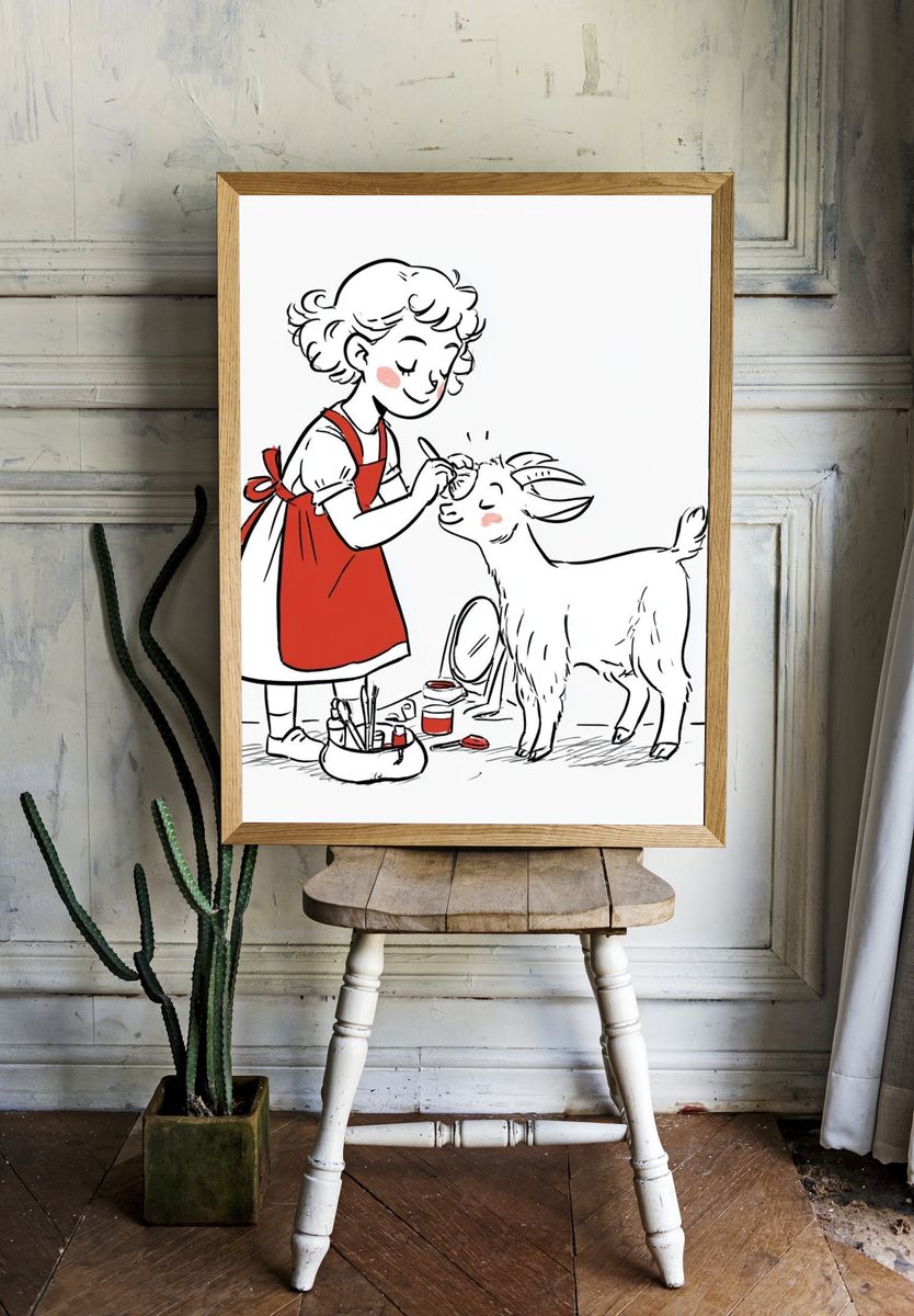Girl Painting Goat Illustration Poster. — room view 1