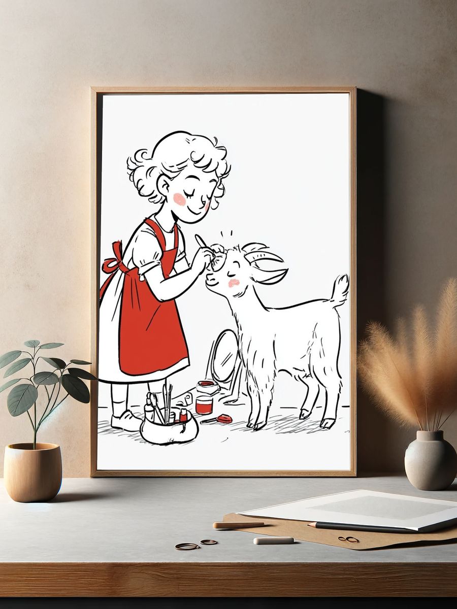 Girl Painting Goat Illustration Poster. — room view 2