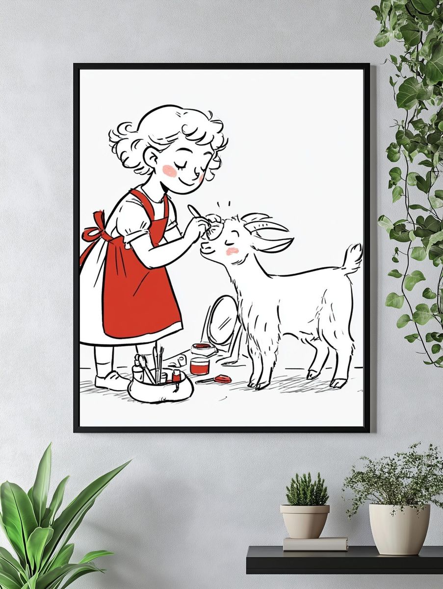 Girl Painting Goat Illustration Poster. — room view 4
