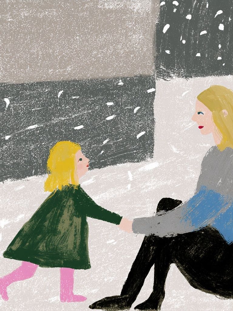 Mother and Child Winter Scene Print. poster — illustration art