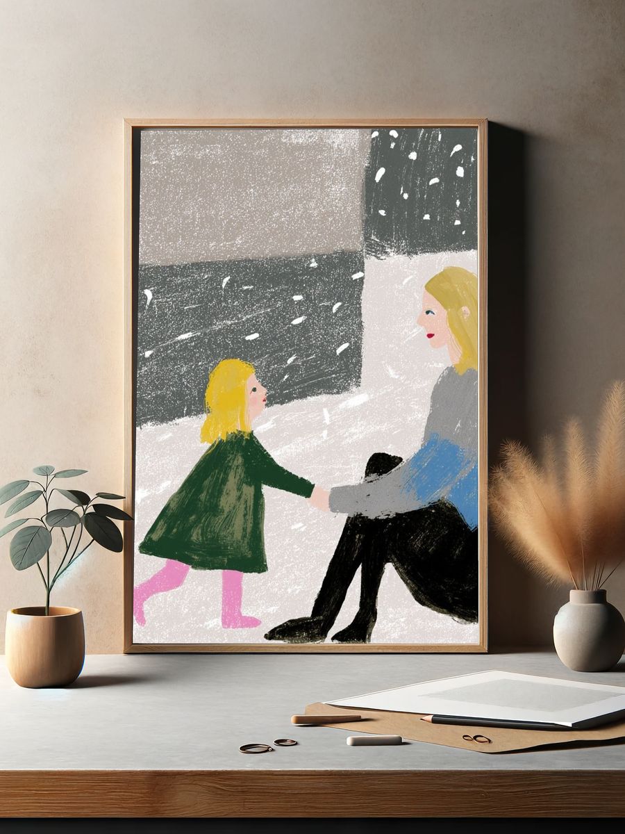 Mother and Child Winter Scene Print. — room view 2