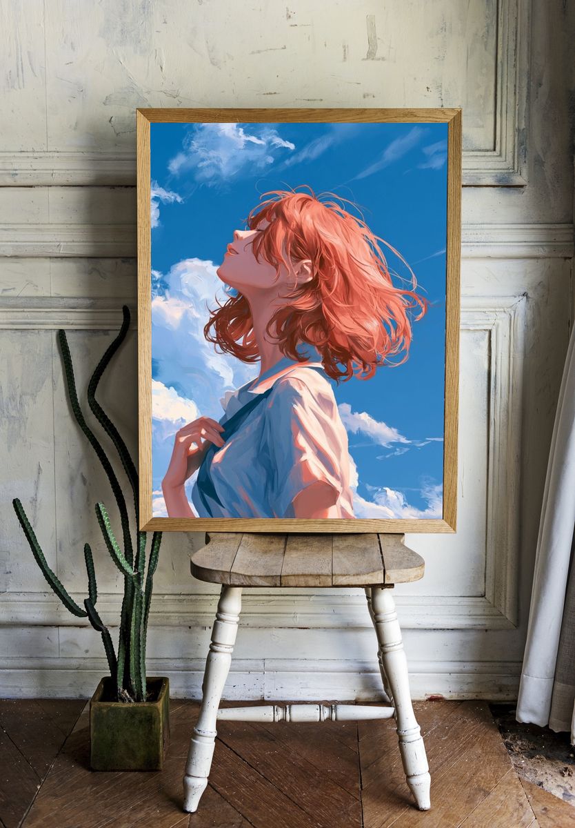 Red-Haired Girl in Blue Sky Illustration Poster. — room view 1