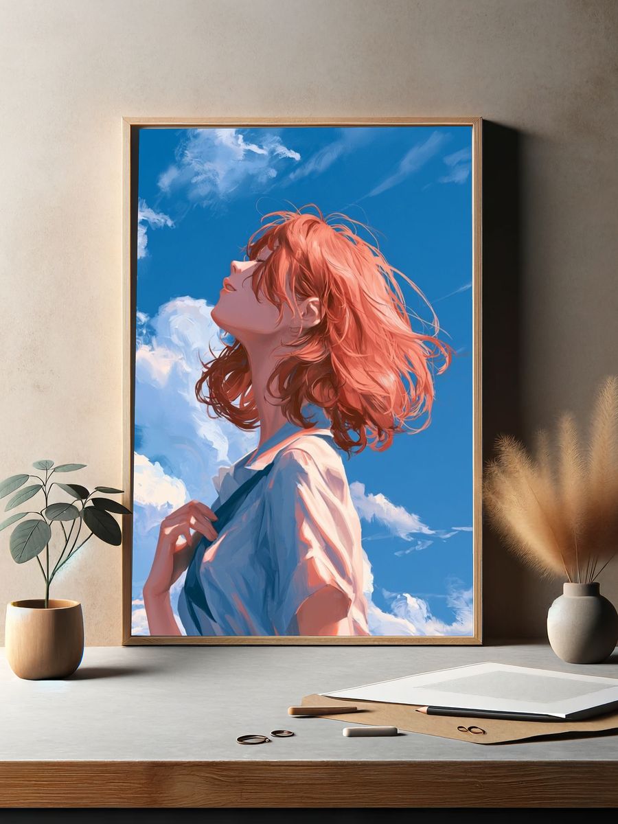 Red-Haired Girl in Blue Sky Illustration Poster. — room view 2
