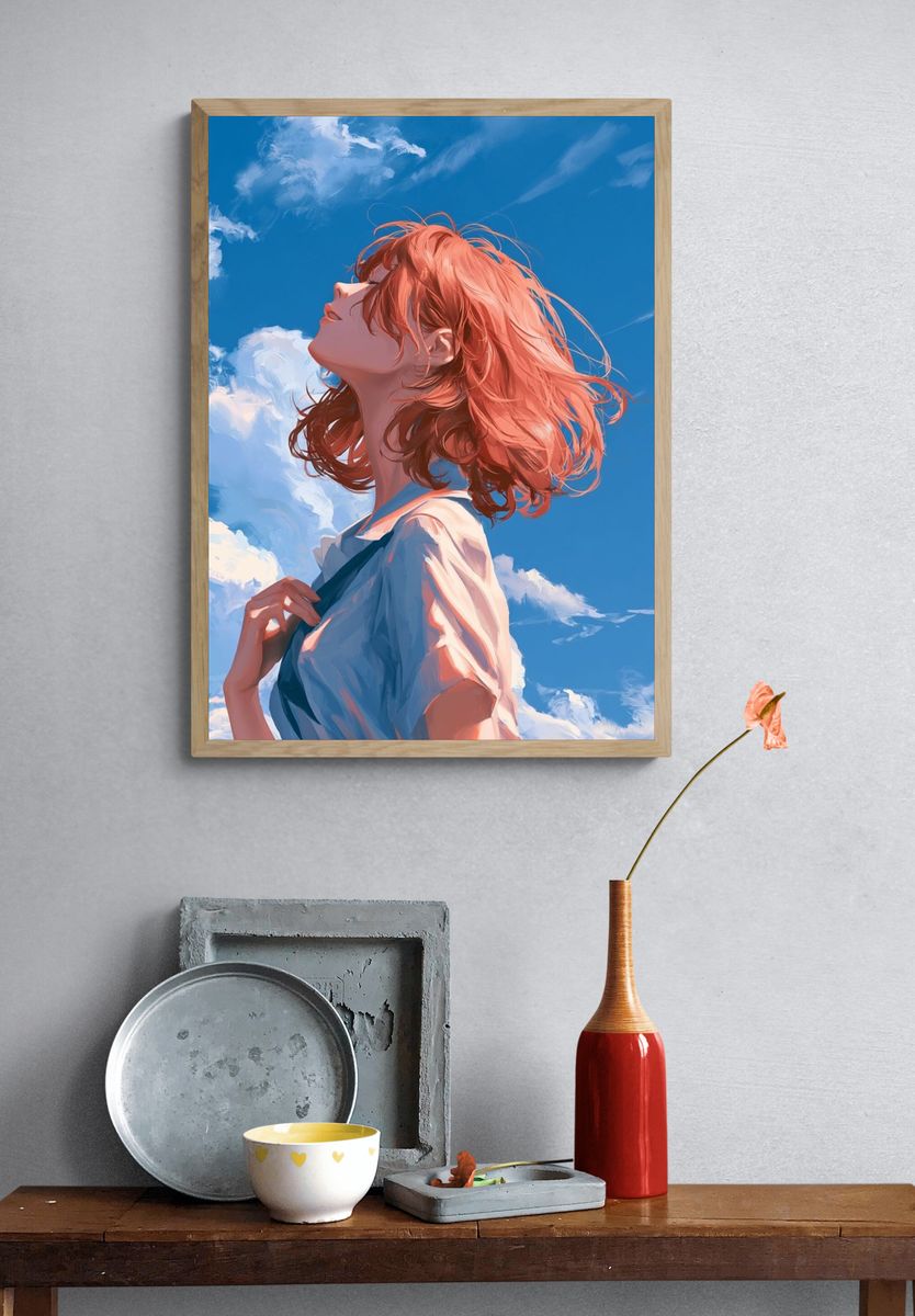 Red-Haired Girl in Blue Sky Illustration Poster. — room view 3