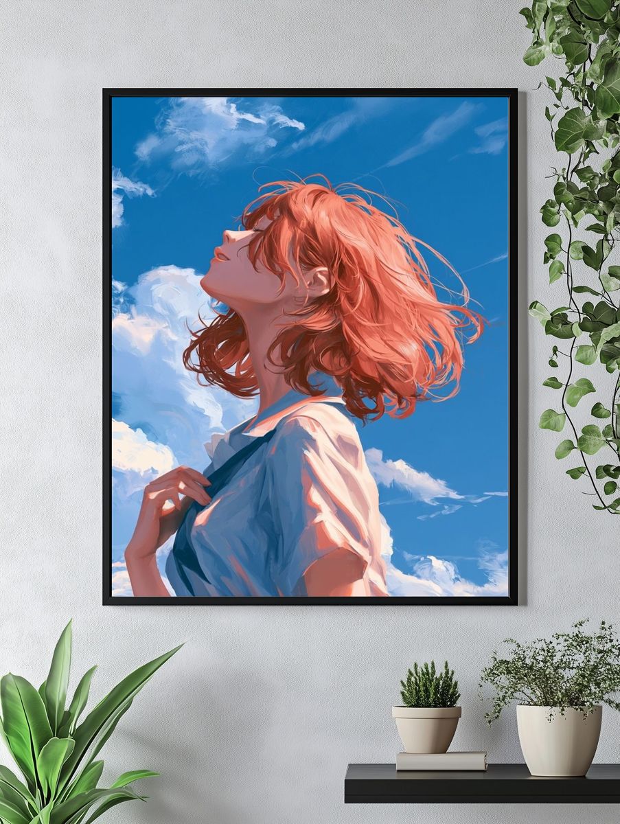 Red-Haired Girl in Blue Sky Illustration Poster. — room view 4
