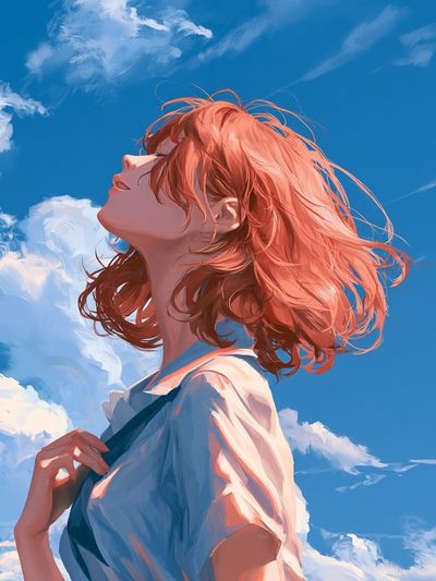 Red-Haired Girl in Blue Sky Illustration Poster. poster